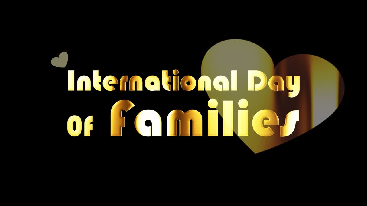 국제 가족의 날: 심장 모양의 루프 애니메이션과 함께 황금 텍스트 단어 4k 3d 단독 단어의 일러스트레이션 quicktime 알파 채널 prores 4444 금빛 루프 효과 요소