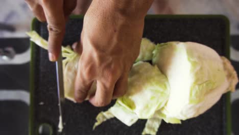 joven cortando repollo para ensalada