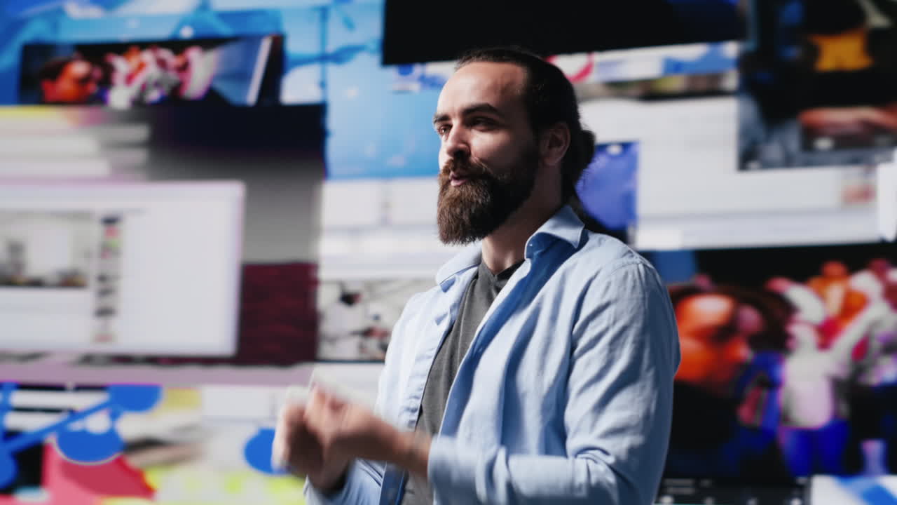Determined guy admires social media visuals and user interface elements