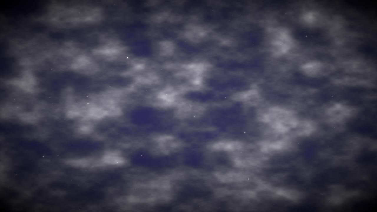 Slowly drifting white clouds move across a dark blue starry night sky background animation