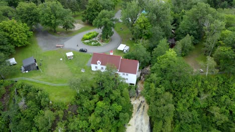 Beautiful-Scenery-around-Beaumont,-Quebec-Waterfall---Aerial-Bird's-Eye-View