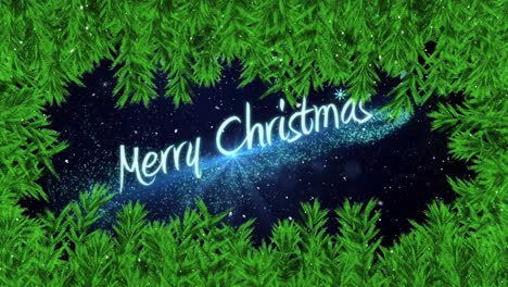 Animation-of-merry-christmas-text-and-snow-falling-over-fir-tree-branches-on-black-background