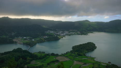 beautiful azores lake at windy sunset