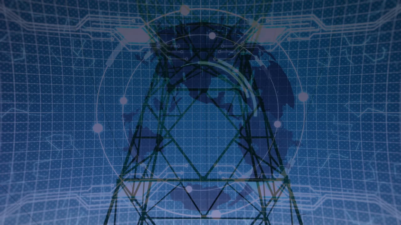 데이터 처리 및 전력 기둥 위의 지구의 애니메이션