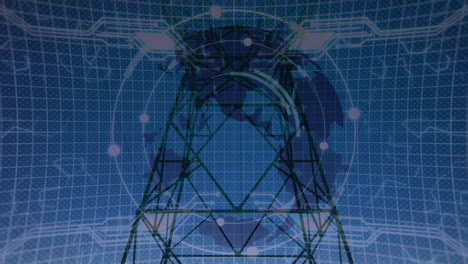 animation of data processing and globe over electricity pylons