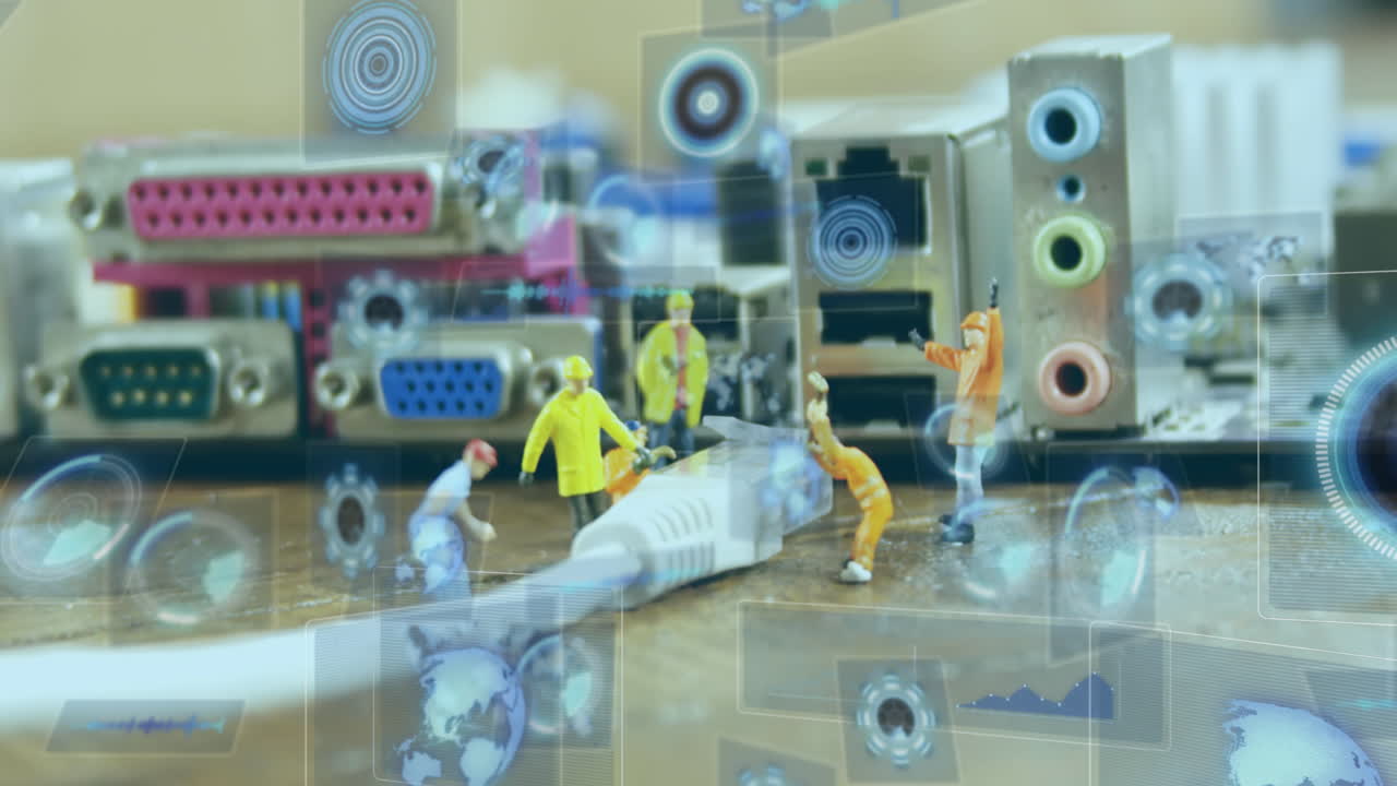 컴퓨터 서버와 함께 사람 그림과 케이블을 통해 데이터 처리의 애니메이션