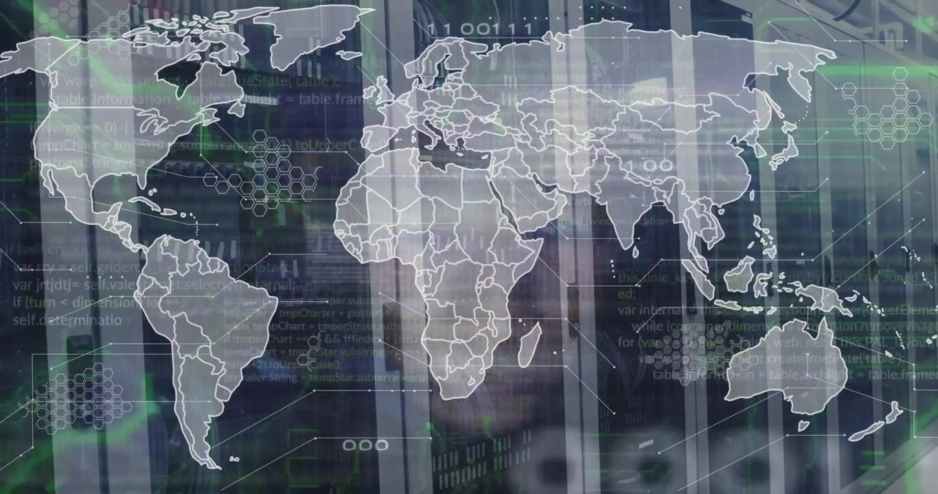 Animation of close up of african american man, programming language and map against server room