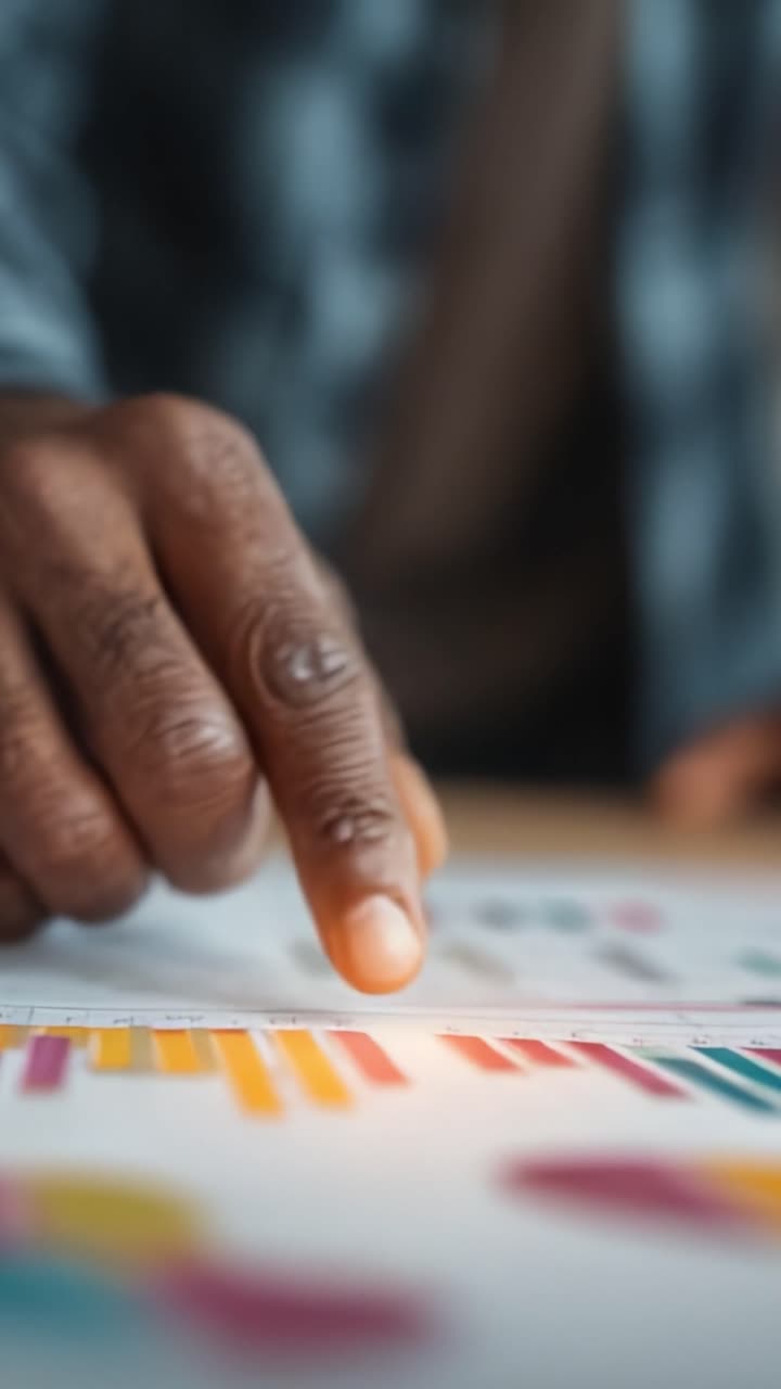 Analyzing Data Trends: Close-Up of Finger Pointing at Colorful Graphs and Charts for Insightful Decision Making and Analytical Overview of Business Performance