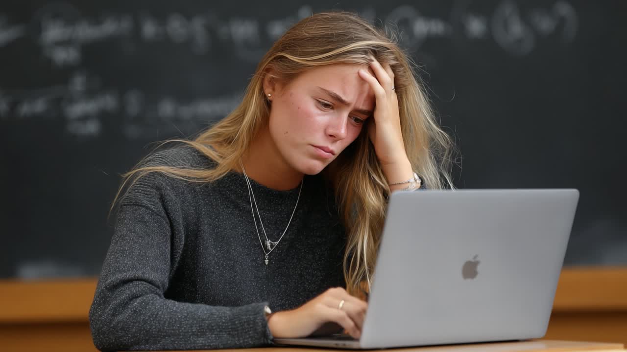 Young woman with emotional expression facing challenges while studying on her laptop in a classroom environment, reflecting stress and deep concentration
