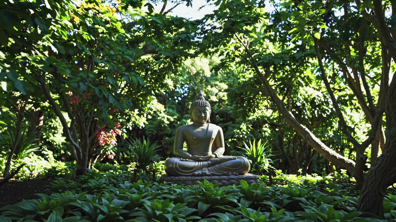 A serene video of a Buddha statue in a lush garden, captured from a low angle