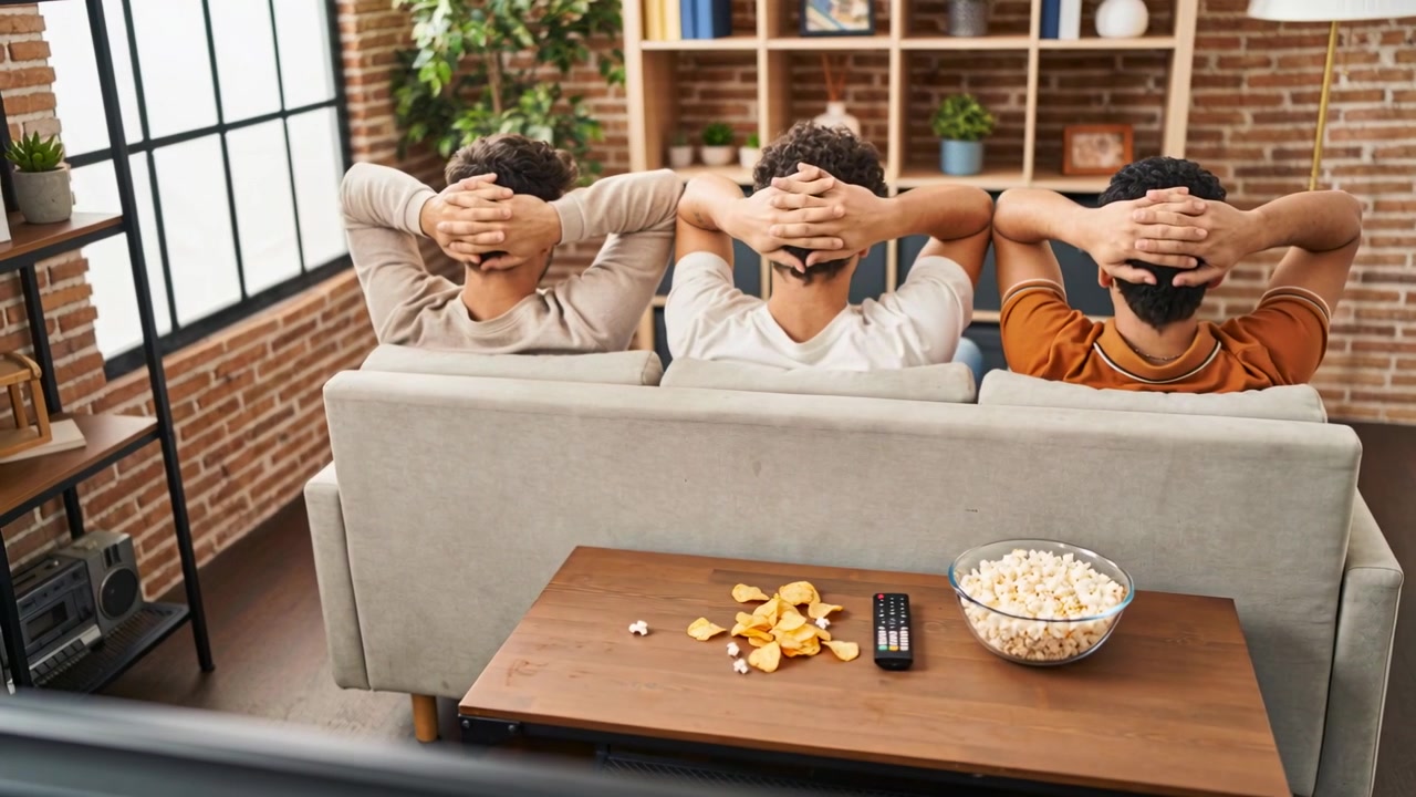 Tre uomini seduti con camicie beige, bianche e arancioni guardano la TV a casa per svago, con popcorn.