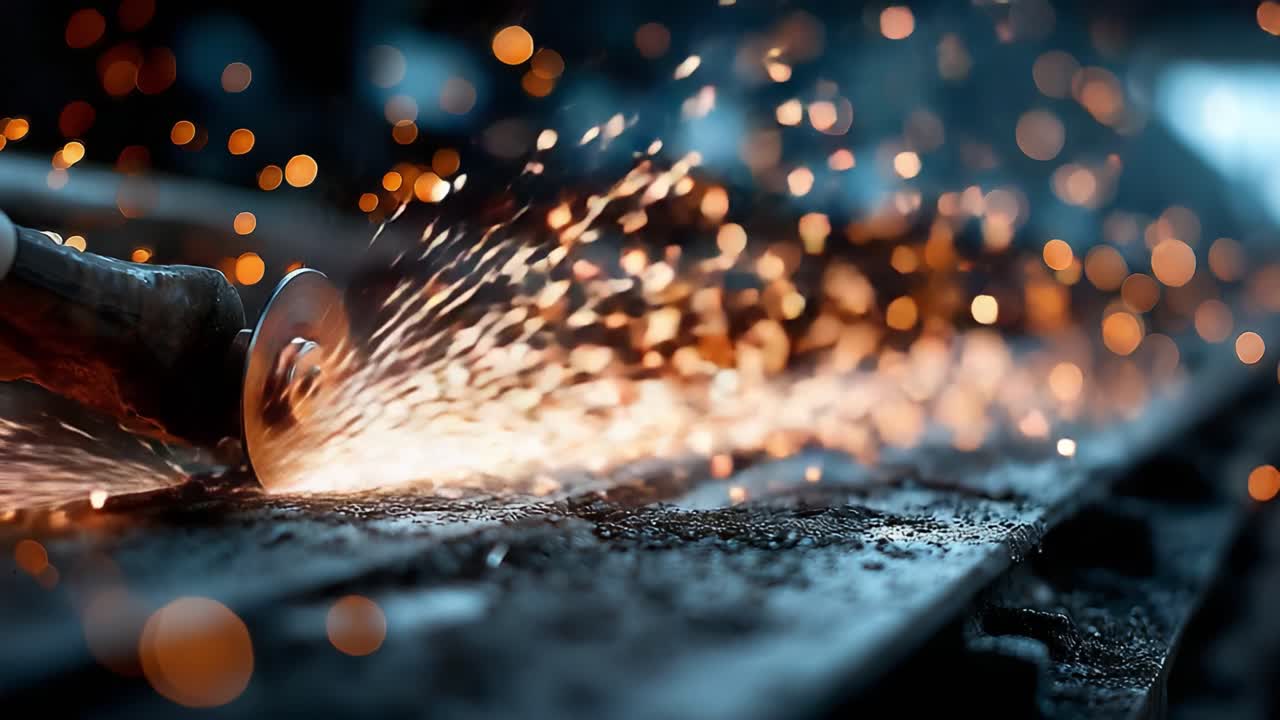 A Close-Up Look at the Intense Sparks Flying from a Grinding Tool, Capturing the Art of Metalworking and the Dynamic Interaction Between Tool and Surface