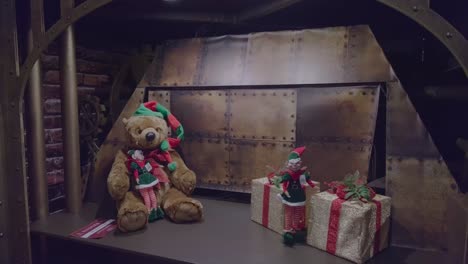 steampunk christmas scene with teddy bear and elves