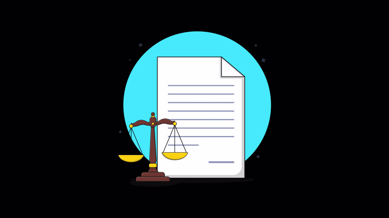 Animated Illustration of Legal Document and Balancing Scale of Justice