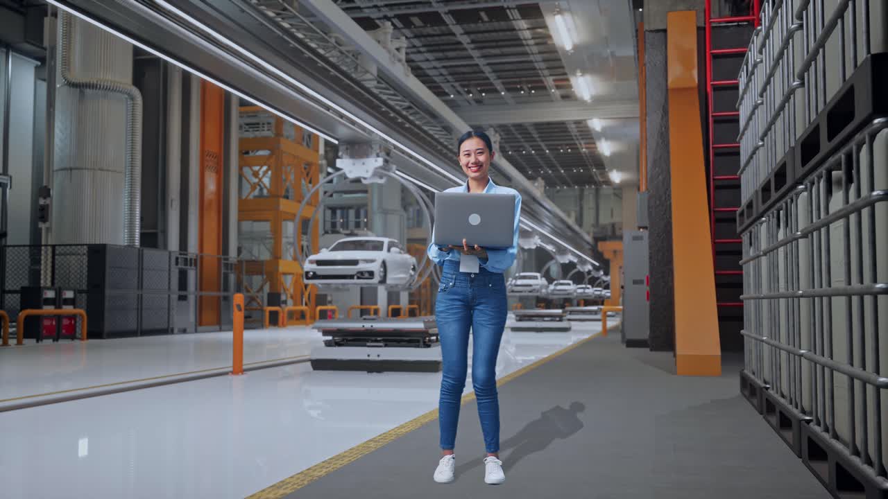 cuerpo lleno de una trabajadora profesional asiática de pie con su portátil en la fábrica de automóviles ev, instalación industrial de alta tecnología, ella está mirando a la cámara con una sonrisa