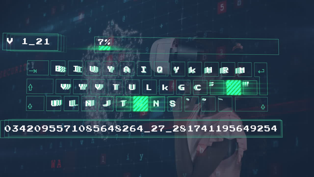 Animation of digital data processing on keyboard over caucasian girl wearing vr headset