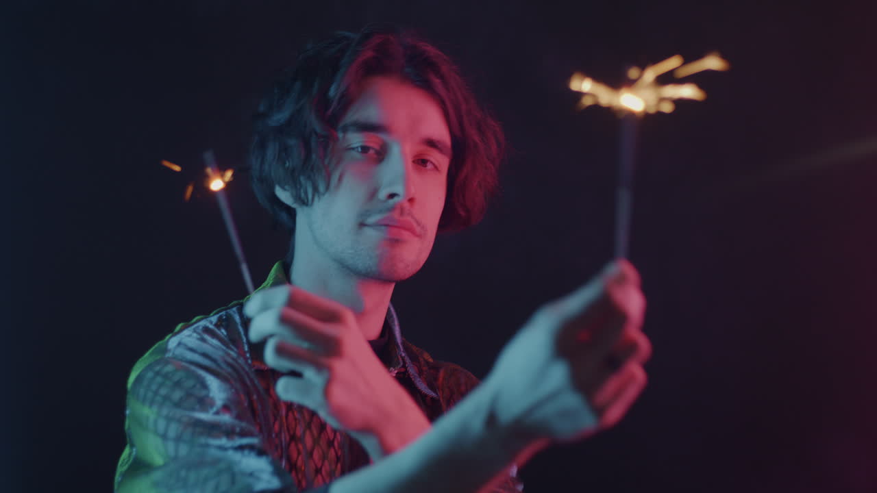 Man with Sparkler in Neon Light