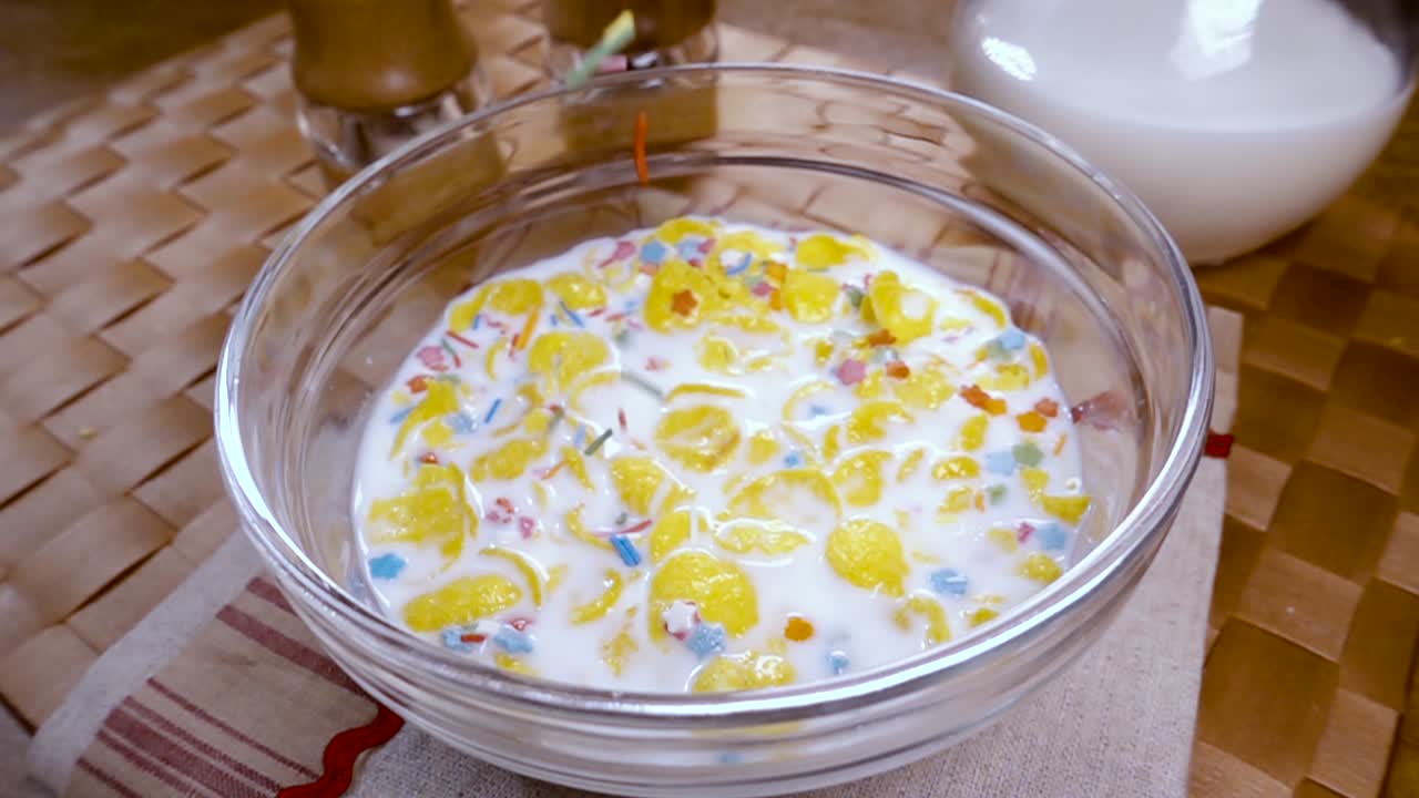 아침에는  ⁇ 끔한 노란색 옥수수  ⁇ 어리를 그 ⁇ 에 넣고 우유와 함께 맛있는 아침 식사를 합니다. 회전 추적  ⁇ 과 함께 느린 동작.