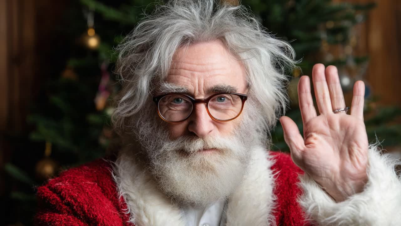 A Cheerful Santa Claus with White Hair and Glasses Waves Goodbye Against a Festive Background, Spreading Holiday Warmth and Joy