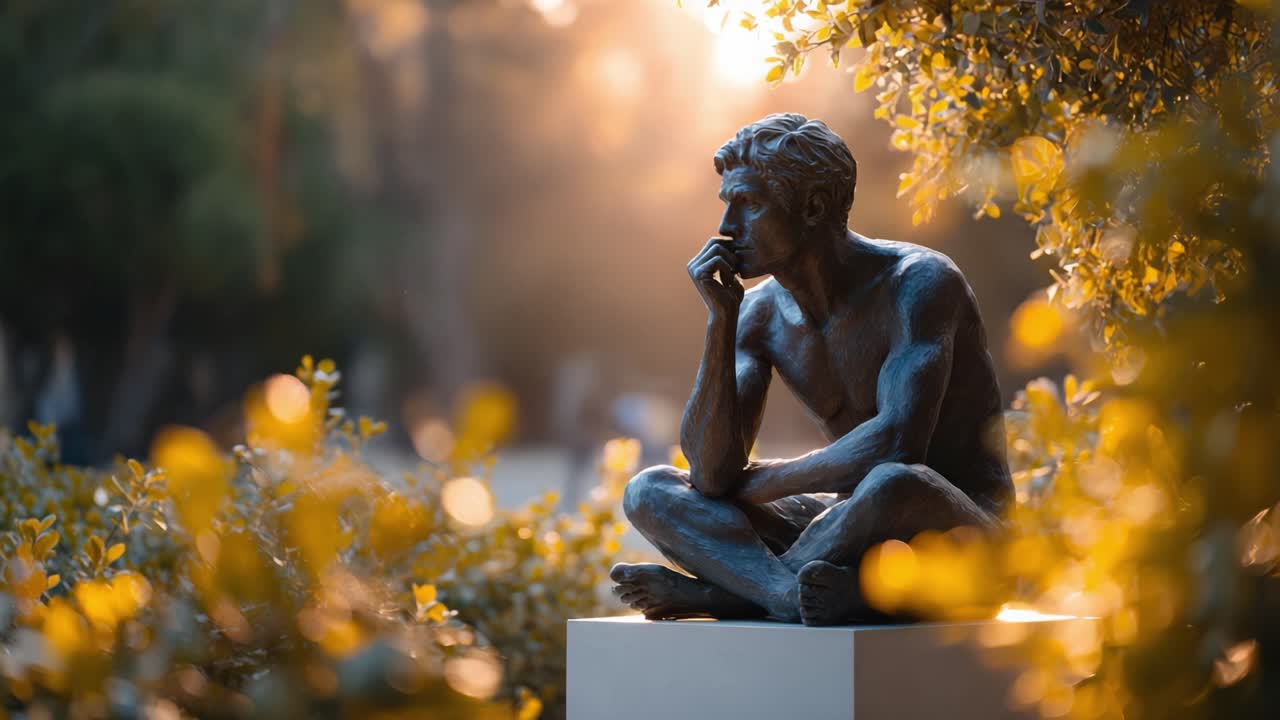 Contemplative Bronze Sculpture Captured in Soft Golden Light, Surrounded by Nature, Evoking Thoughts of Reflection and Serenity in an Outdoor Setting