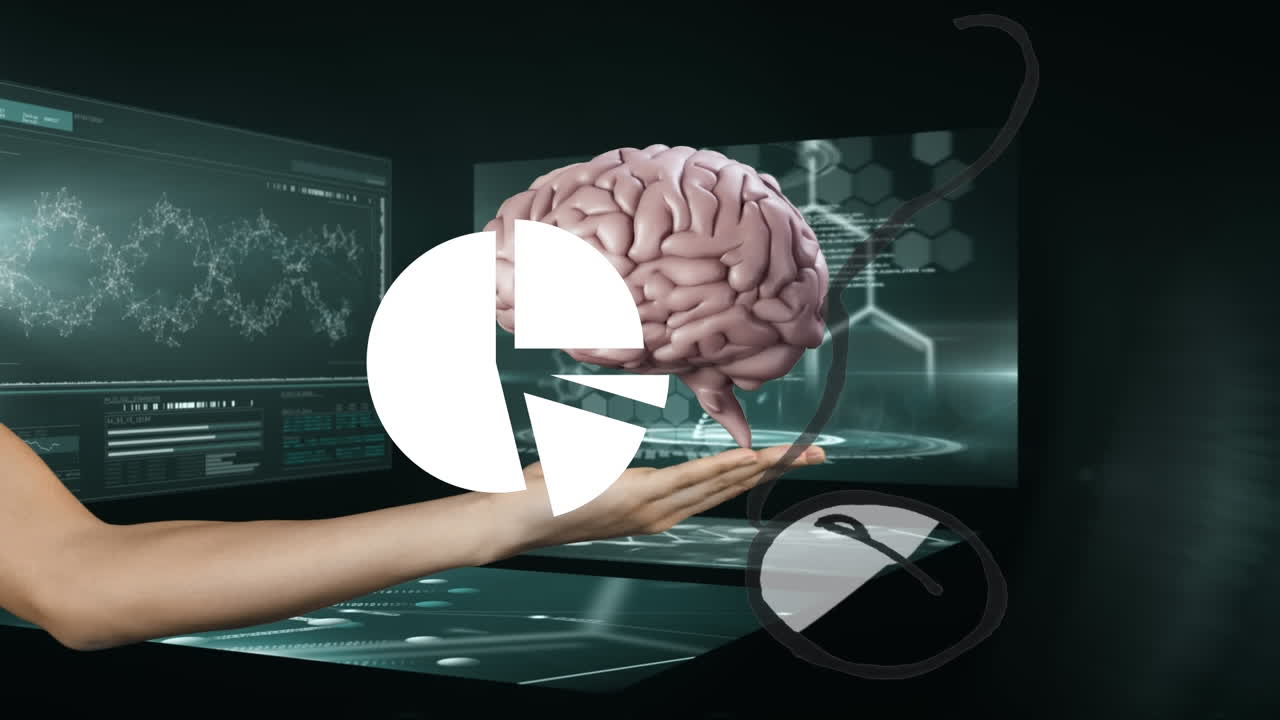 Animation of hand holding digital brain over data processing on black background