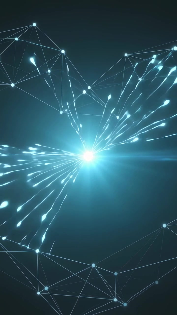 Vertical video: Brightening central cyan orb sending radial jets across teal gradient, mesh pulsing