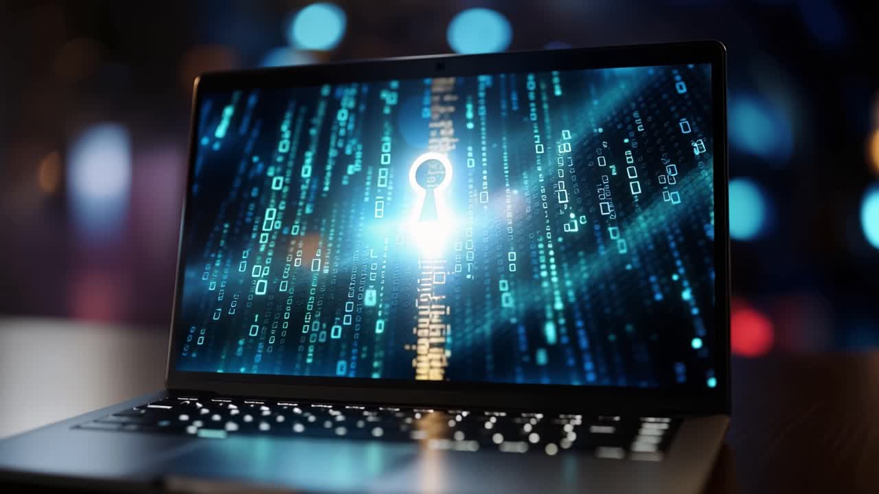 Unlocking Potential: A Digital Transformation Journey Illustrated Through a Laptop Displaying a Keyhole Surrounded by Data and Technology Visuals