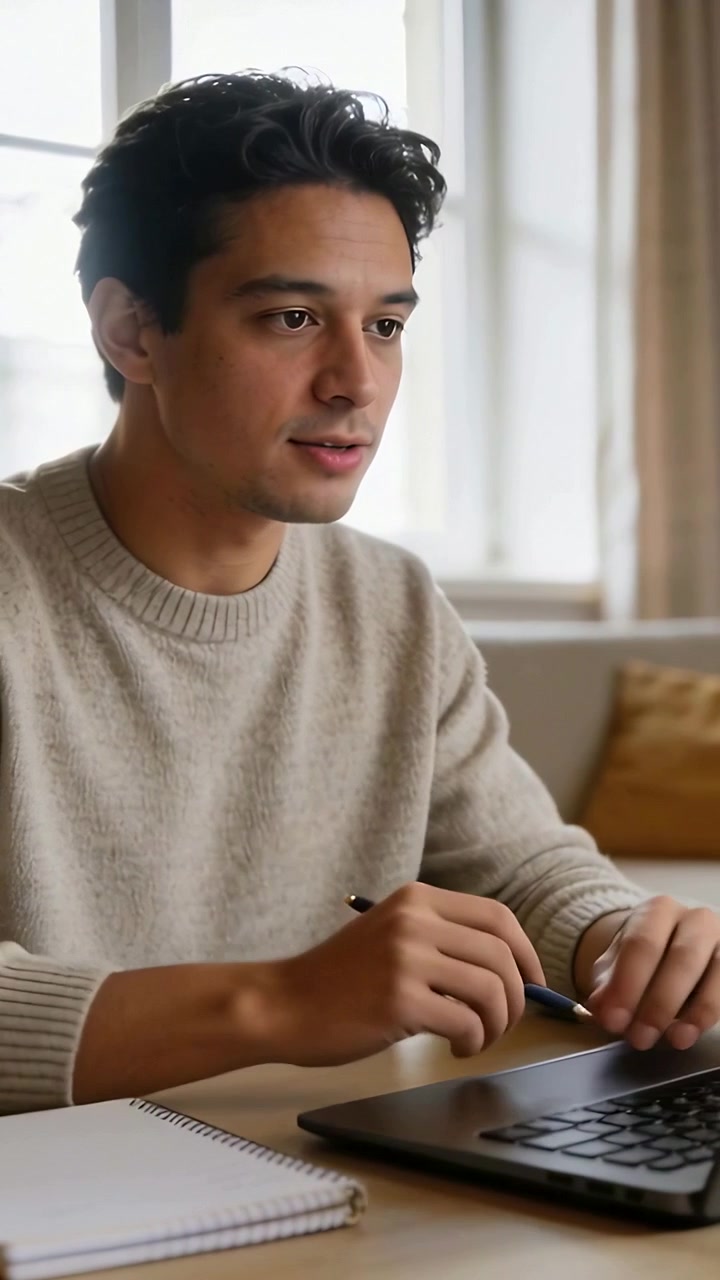 Vertical video: Starting work at home, man in sweater typing at laptop, pausing to note in notebook