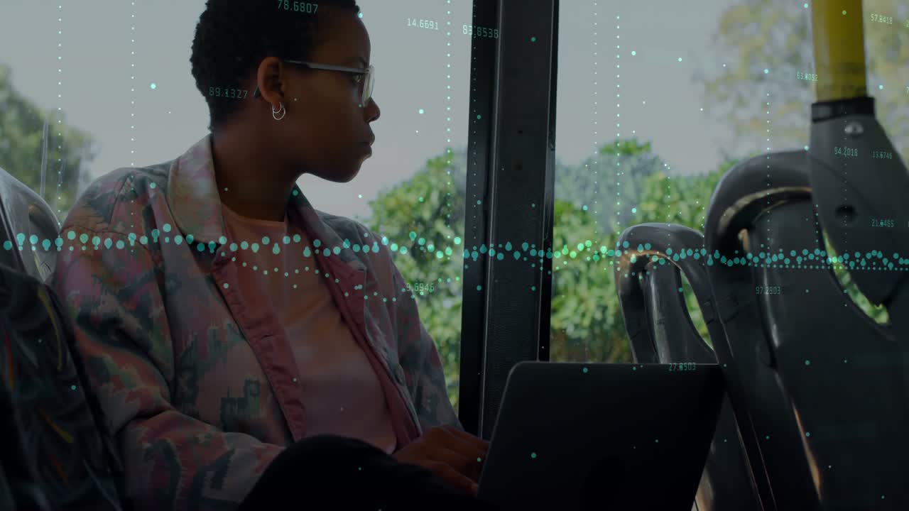 Woman boarding city bus and opening laptop, analyzing data charts with pulsing waveform overlay