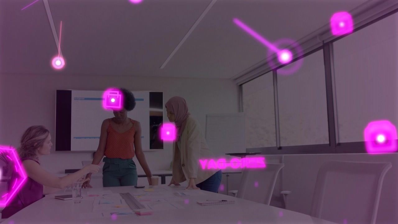 Seated woman passing paper to peers at table, driving business review, magenta drifting over faces