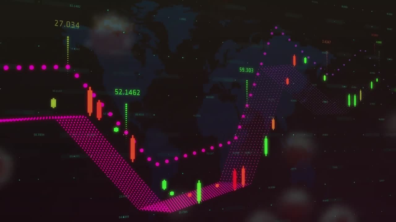 animación de procesamiento de datos financieros y células de covid-19 flotando contra el mapa del mundo.