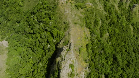 Rocky-ruins-of-the-Azeula-Fortress-and-a-wild,-vibrant-forest-around-it