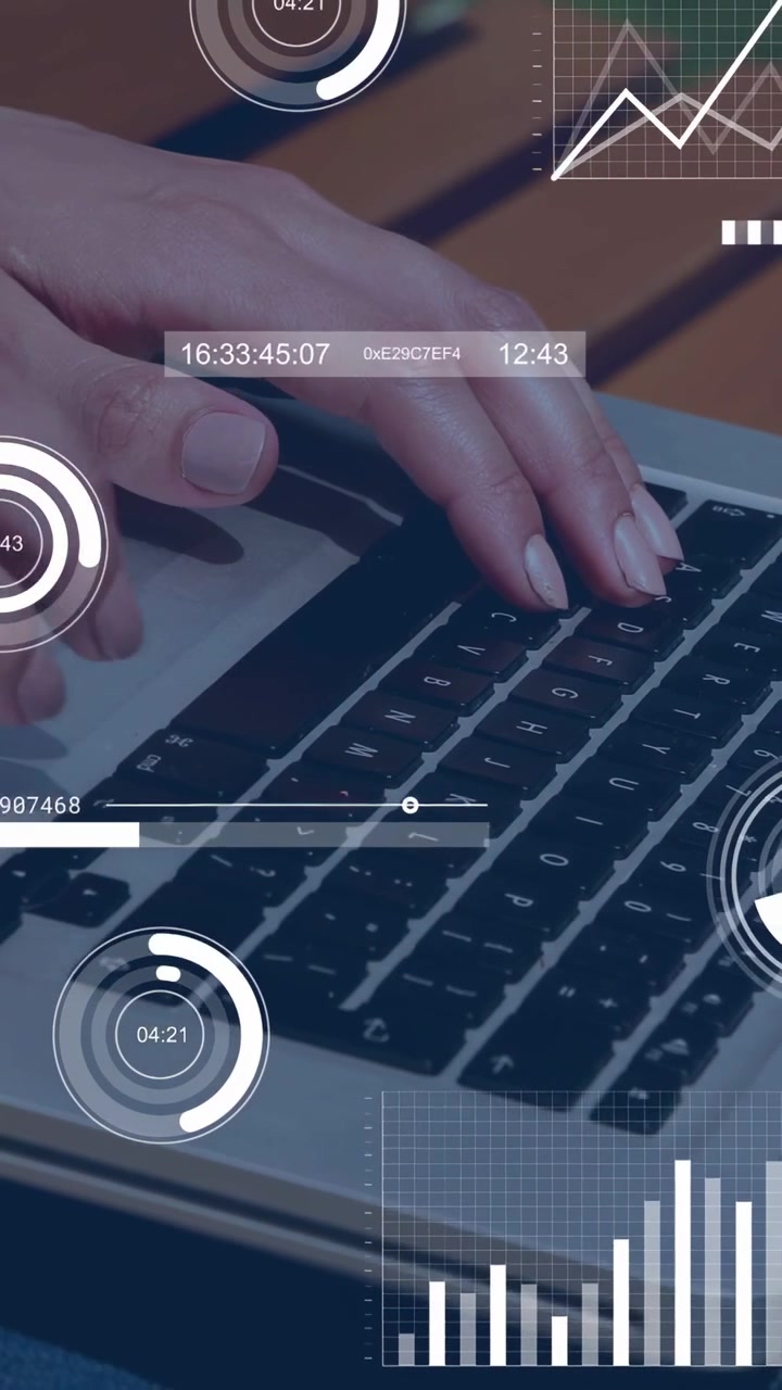 Vertical video: Woman typing on laptop bringing timers, bars, numbers and charts for data work