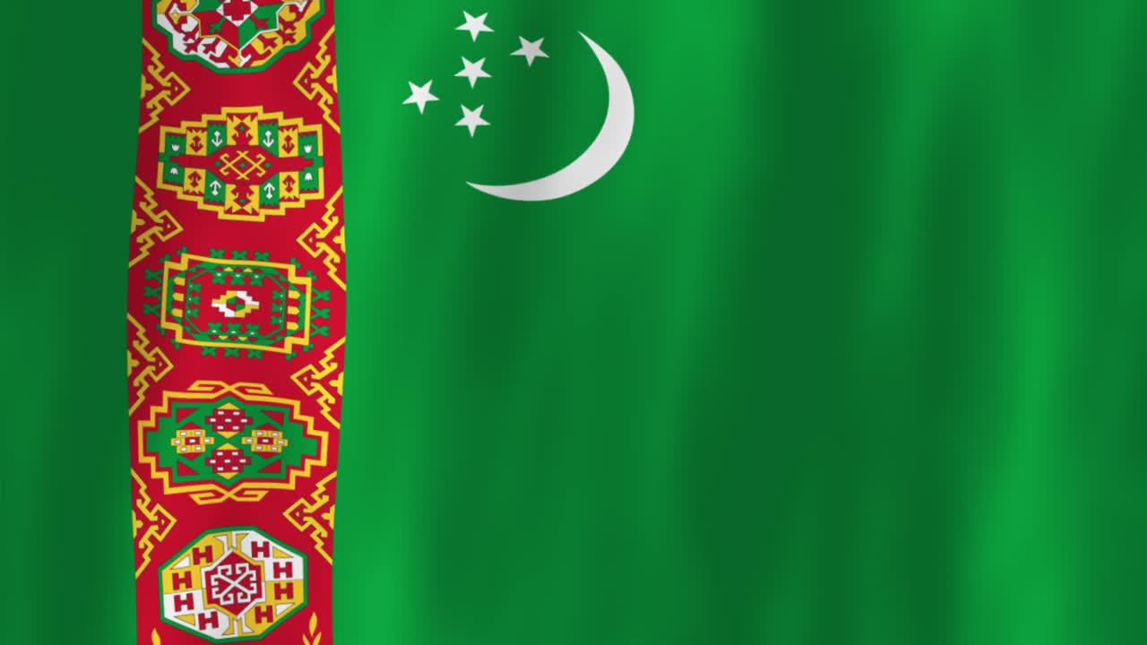 Turkmenistan flag country animation 3D symbol design waving in wind movement national patriotism world culture emblem banner republic Central Asia white stars moon and green background