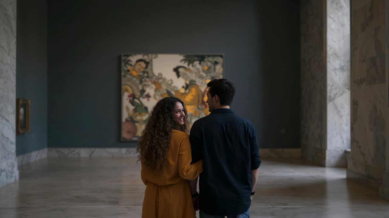 Walking couple in gallery approaching painting drawing them forward, woman in mustard coat smiling