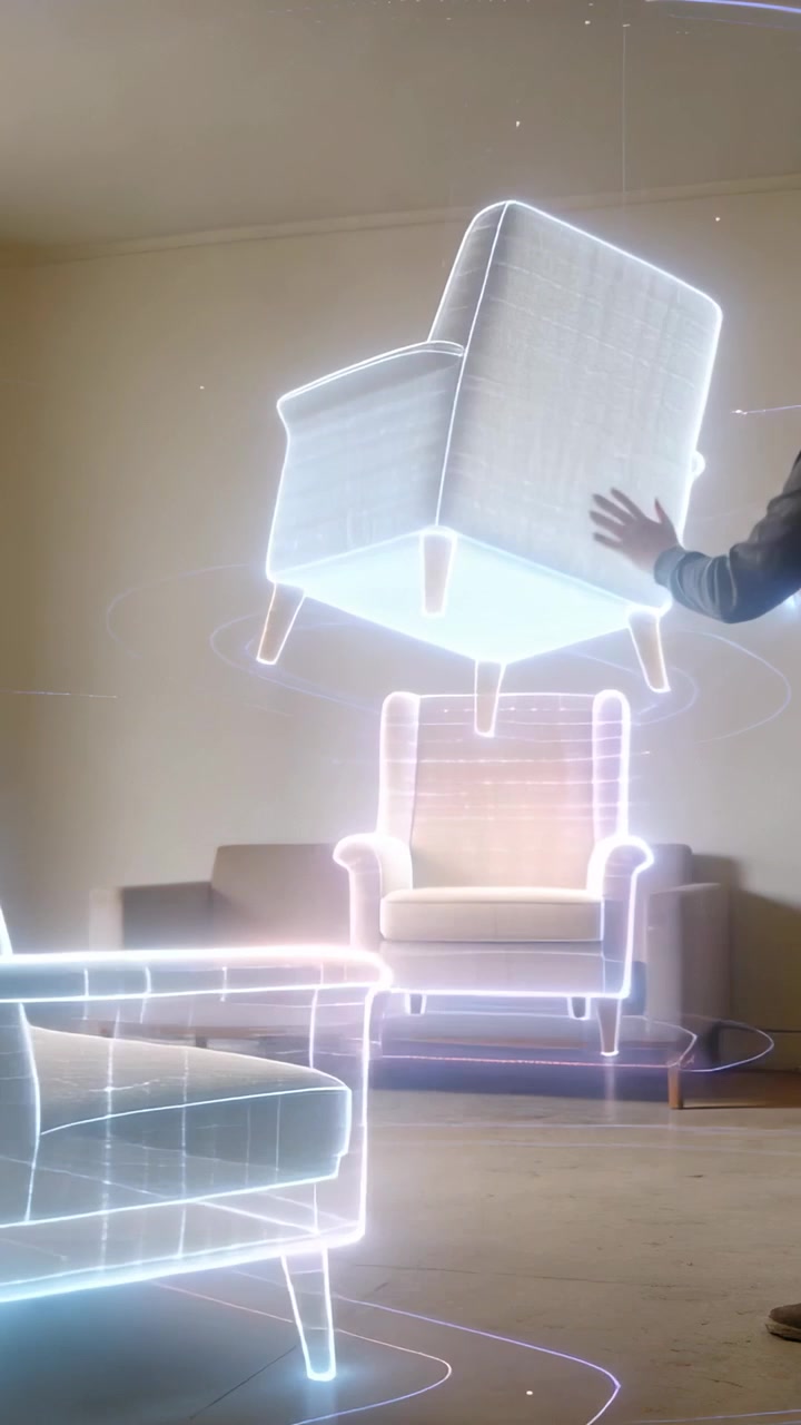 Vertical video: Gesturing man rotating holographic armchair near sofa at showroom to show placement