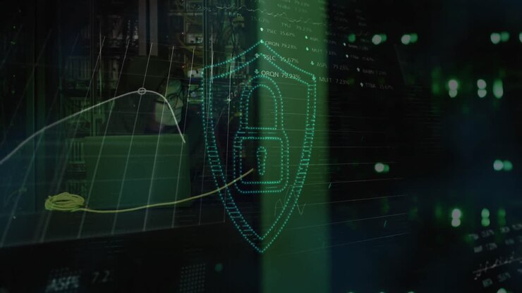 Animation of data over asian male hacker in hoodie using laptop by computer server