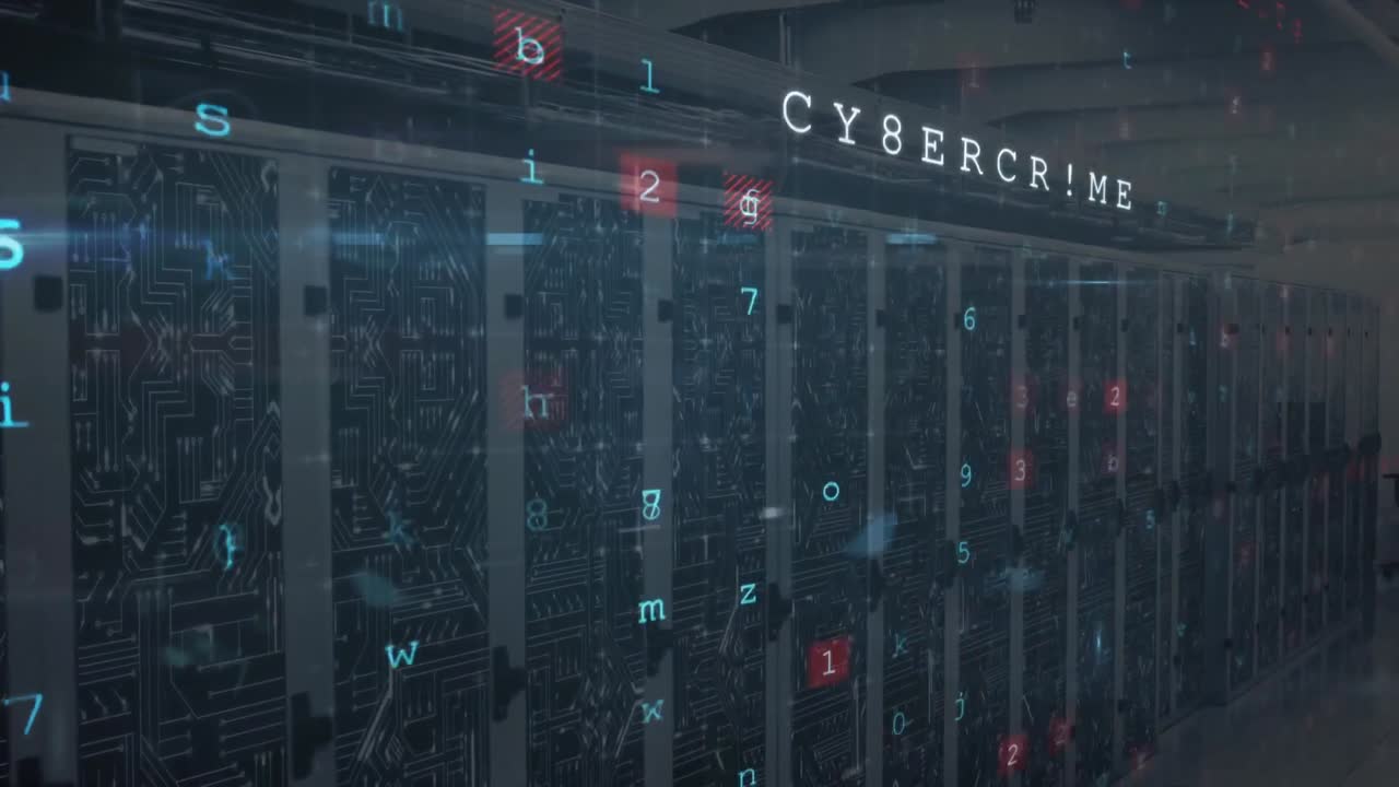 Animation of network of icons and connections, data processing and digital information in a server r
