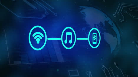 connecting wi-fi, music, and smartphone icons over digital network with globe animation