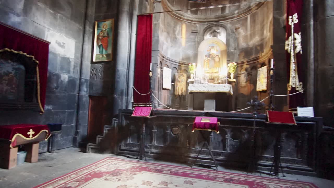 Pan slowly | Beautiful interior of Geghard monastery, Armenia | Silk Road Armenia
