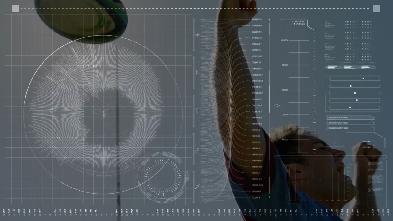 Sportsman tossing ball upward, teammate tracking catching ball pumping fists with transparent HUD