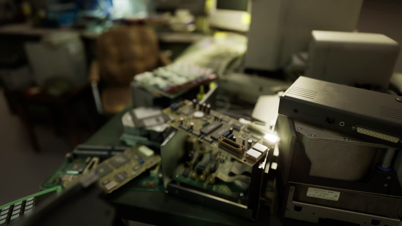 Old electronics and circuit boards scattered on a workbench in a workshop