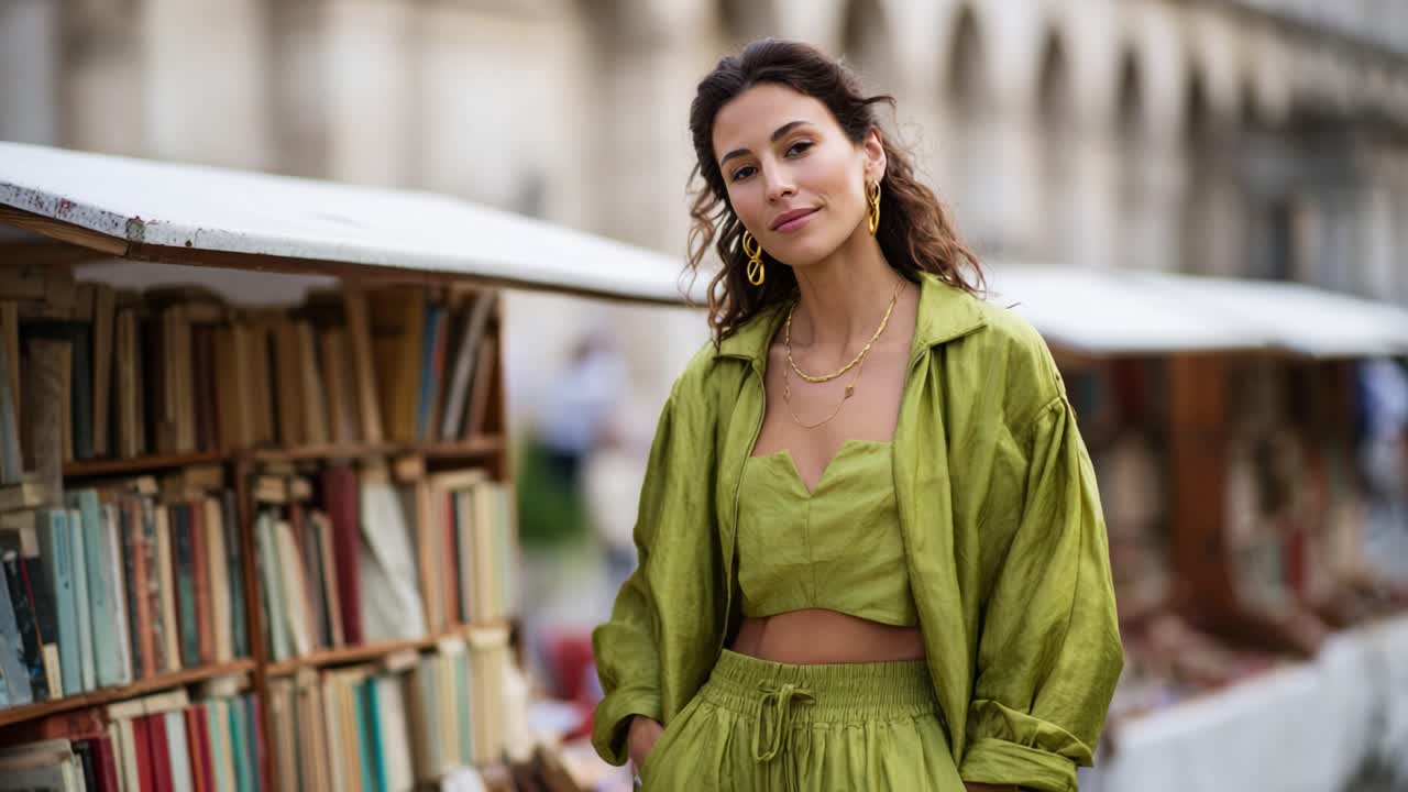 Una donna elegantemente vestita con abiti verdi emana sicurezza in un vivace mercato di libri all'aperto, circondata da scaffali pieni di libri colorati e da un'atmosfera animata