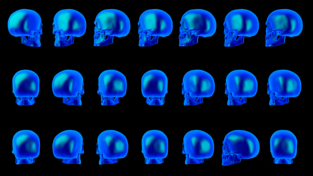 Sfondo spaventoso di Halloween. Teschi umani blu rotanti. Teschio neon spettrale. Loop