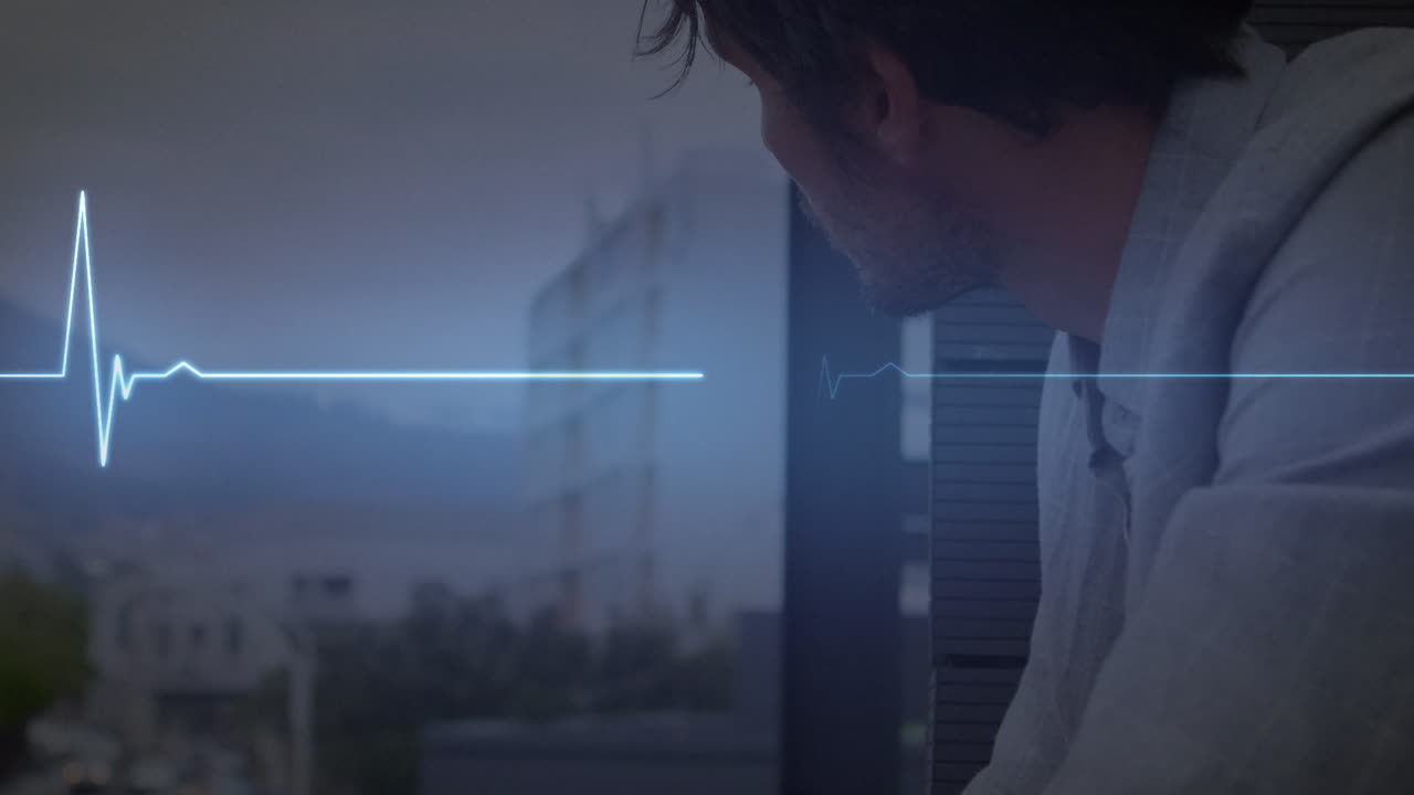 발코니에 서 있는 사려 깊은 백인 젊은이 위에 파란 심장 박동 라인의 애니메이션