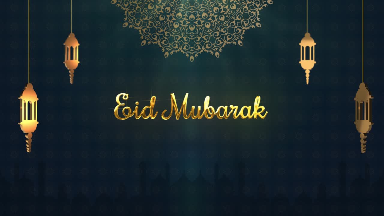 fondo de eid mubarak con hermoso texto dorado en 3d que revela