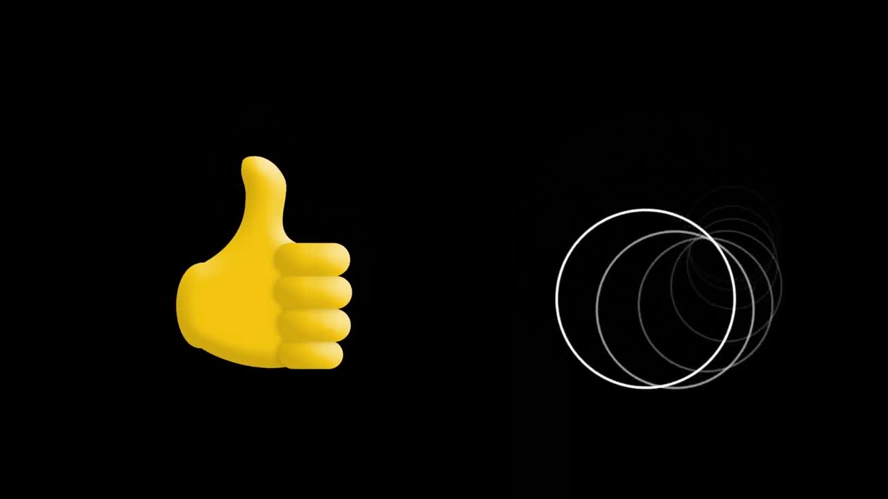 Digital animation of thumbs up icon and abstract circular shape against black background