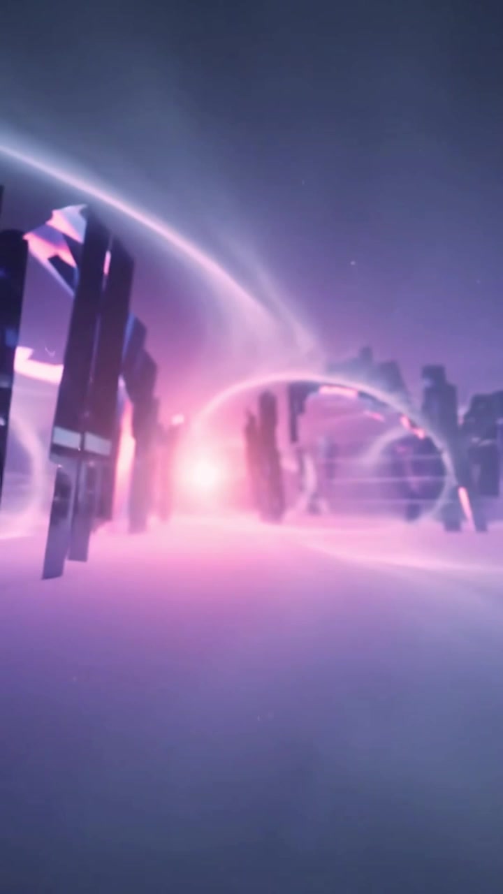 Paesaggio urbano digitale astratto con scie luminose e strutture fluttuanti