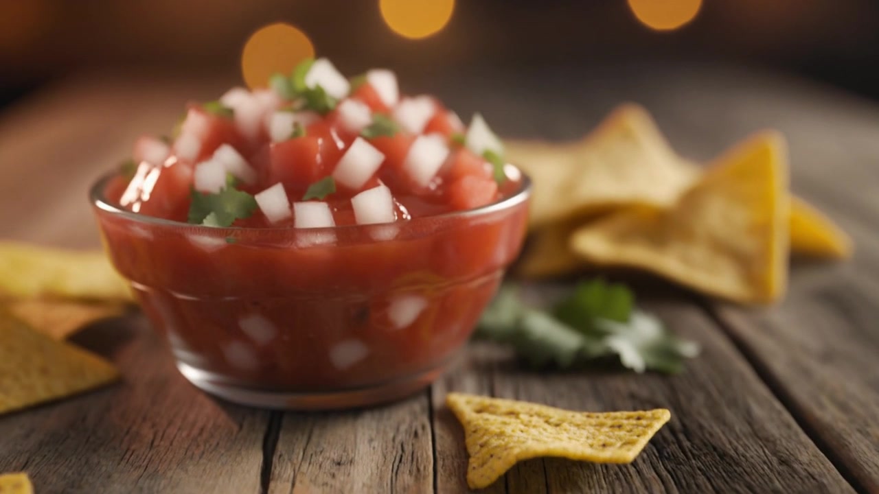 Bát sốt salsa tươi với bánh tortilla chiên trên bàn gỗ mộc mạc