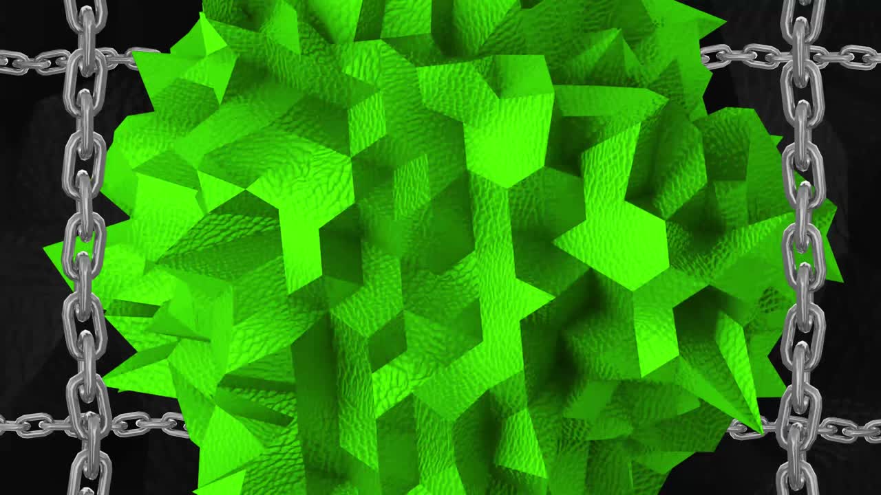 Abstract Green Spiky Object Pulsating Behind Metal Chains
